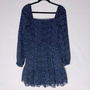 RetroD Navy Blue Long Sleeve Square Neck Floral Dot Print Smocked Mini Dress S